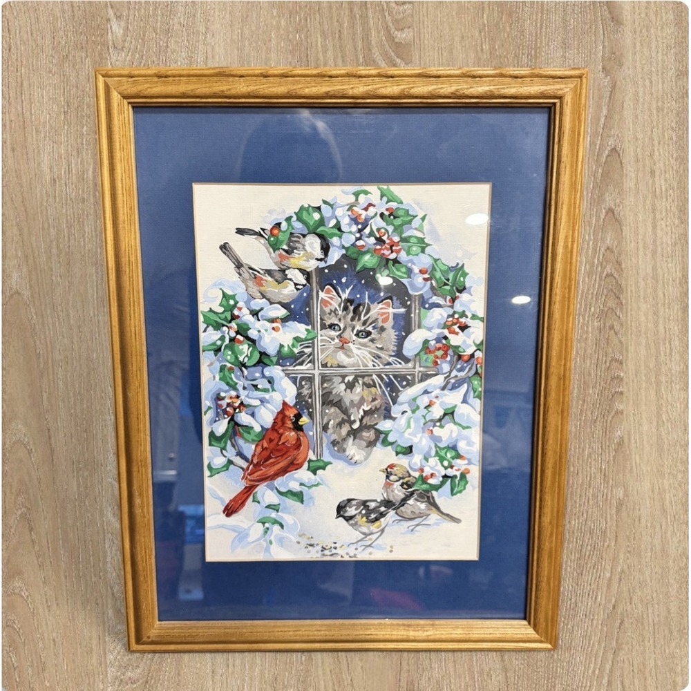 Vintage 1980s 1990s Hand Painted Winter Kitten Cardinal Framed Art 13x17"